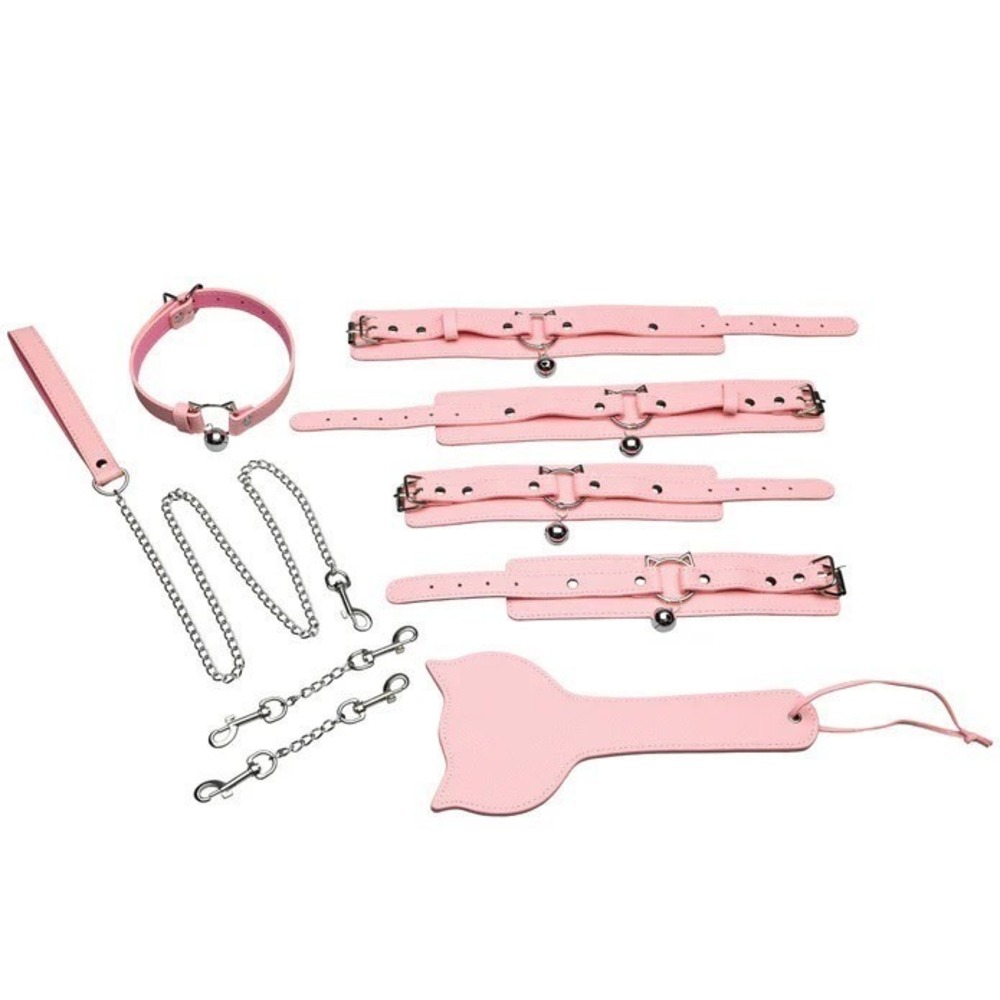 Pink Faux Leather Accessory Set Collar Cuffs Leash Adjustable Cosplay Kit